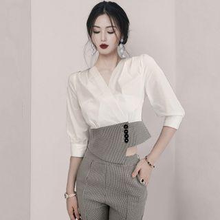 Set: Balloon-sleeve V-neck Blouse + Cropped Straight-leg Pants