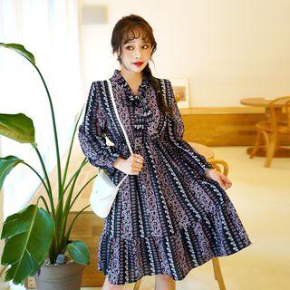 Tie-neck Patterned Flare Dress Navy Blue - One Size