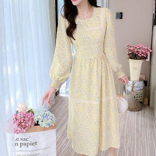 Long-sleeve Floral Print Lace Panel A-line Dress