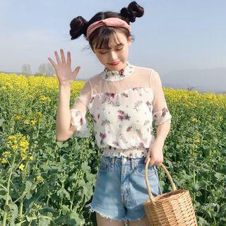 Floral Print Short-sleeve Mesh Panel Blouse