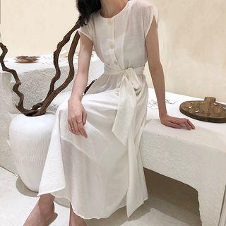 Short-sleeve Buttoned A-line Midi Dress White - One Size