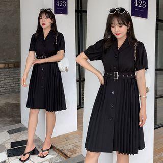 Short-sleeve Buckled Pleated Dress