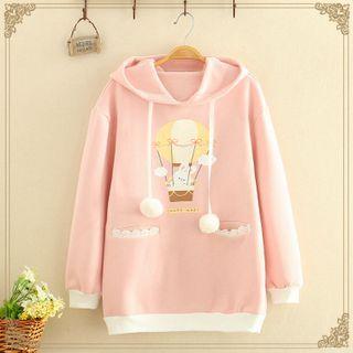 Fleece-lined Rabbit Printed Hoodie Pink - One Size