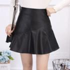 Faux Leather Mini Ruffle Trim A-line Skirt