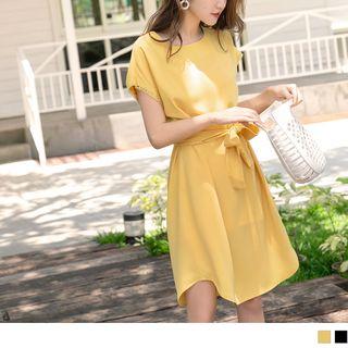Tie-waist Plain Chiffon Dress