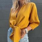 3/4-sleeve Tie-front Cropped Blouse