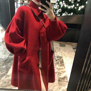 Stand Collar Long Buttoned Coat Red - One Size