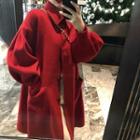 Stand Collar Long Buttoned Coat Red - One Size