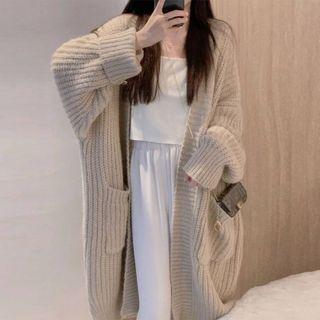 Open-front Long Cardigan Cardigan - Khaki - One Size