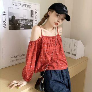 Long-sleeve Cold-shoulder Top Red - One Size