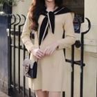 Long-sleeve Sailor Collar Mini A-line Knit Dress Almond - One Size
