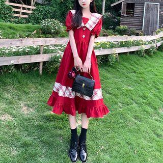 Puff-sleeve Sailor Collar Plaid Panel Midi A-line Dress