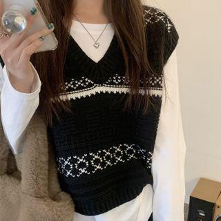 V-neck Contrast Loose Fit Knit Vest