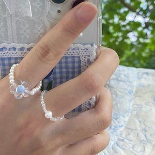 Set: Beaded Ring Set Of 2 - Ring - White & Blue - One Size