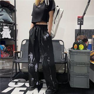 Short-sleeve Cross Print T-shirt / Color Splash Print Wide Leg Jogger Pants
