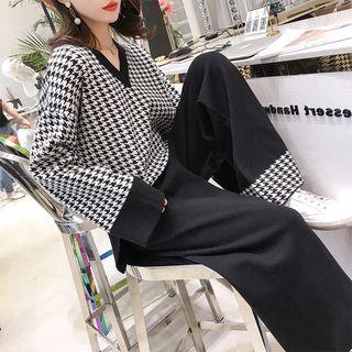 V-neck Long-sleeve Knit Sweater + Wide-leg Pants