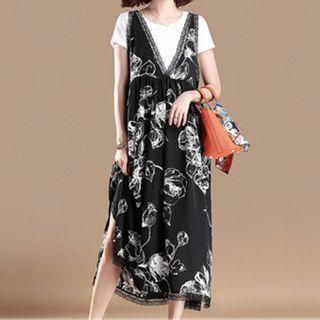 Short-sleeve Printed Panel Midi A-line Dress