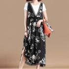 Short-sleeve Printed Panel Midi A-line Dress