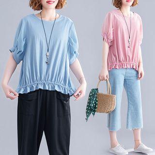 Ruffle Plain Batwing-sleeve T Shirt