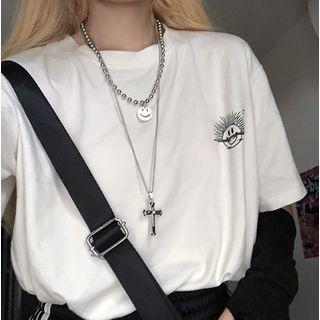 Set Of 2: Smile Face Pendent Necklace + Cross Pendent Chain Necklace Set Of 2 - One Size