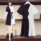 Short-sleeve Paneled Tie-front Shirtdress