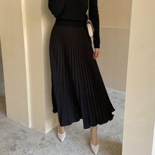 Accordion-pleat Midi A-line Skirt Skirt - Black - One Size