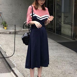 Short-sleeve Crisscross Striped Drawstring Waist Dress