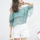 Floral Print Open Shoulder Elbow-sleeve Chiffon Top