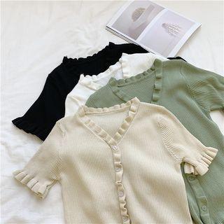 Frilled V-neck Short-sleeve Knit Top