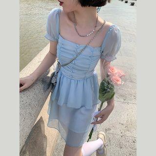 Puff-sleeve Layered Mini A-line Dress