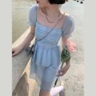 Puff-sleeve Layered Mini A-line Dress