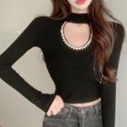 Long-sleeve Embellished Mock-neck Cutout Crop Top