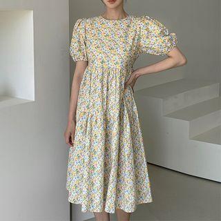 Puff-sleeve Floral Midi Tiered Dress