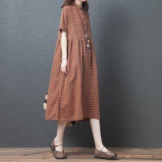 Short-sleeve Striped Midi Shift Shirtdress