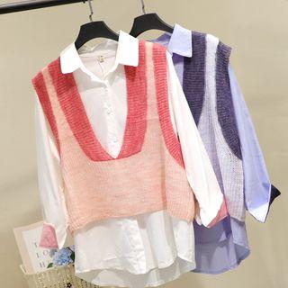 Set: Color Block Shirt + V-neck Knitted Vest