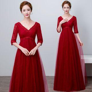 Elbow-sleeve V-neck Tie-up Evening Gown
