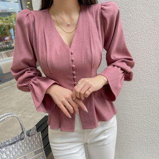 Balloon-sleeve Button-up Peplum Blouse