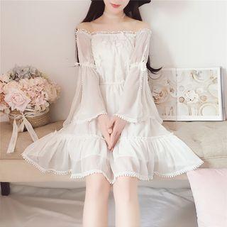 Crochet Off Shoulder Long Sleeve Chiffon Dress