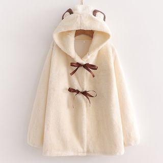 Bear Ear Hooded Fleece Button-up Jacket Beige - One Size