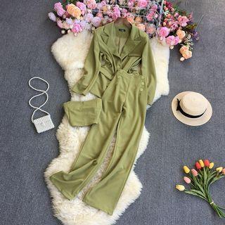 Set: Plain Blazer + Wide Leg Pants + Tube Top