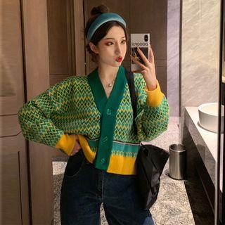 V-neck Printed Cardigan Green - One Size