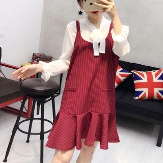 Set: Chiffon Blouse + Pinstripe Strap Dress