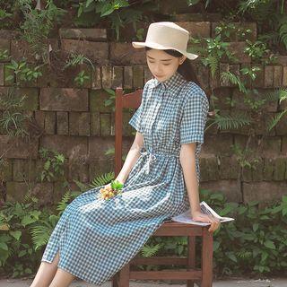 Gingham Short-sleeve Midi Shirt Dress