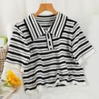 Short-sleeve Striped Knit Polo Shirt White - One Size