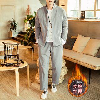 Set: Frog-button Jacket + Wide-leg Pants