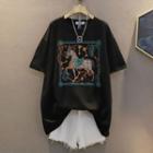 Short-sleeve Small Horse Rhinestone T-shirt