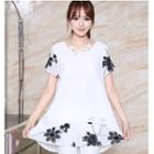 Flower Embroidered Short Sleeve Chiffon Top