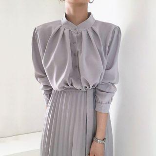 Plain Long-sleeve Pleated Midi A-line Dress