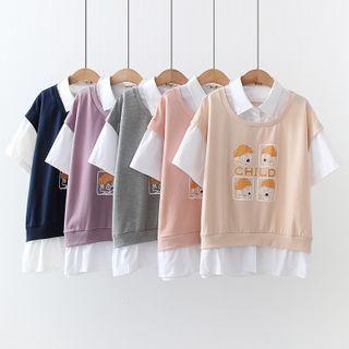 Collared Panel Mock Two-piece Cartoon Print T-shirt