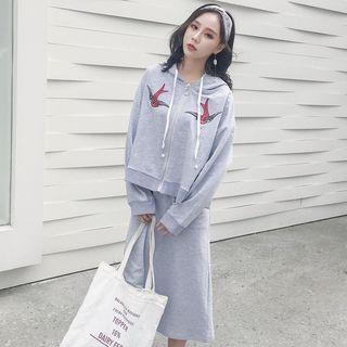 Embroidered Hooded Jacket / Plain Midi Skirt